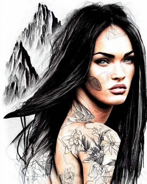 Prompt: double exposure effect tattoo sketch of a megan fox portrait blended with beautiful mountain scenery, surreal, in the style of matteo pasqualin, amazing detail, sharp