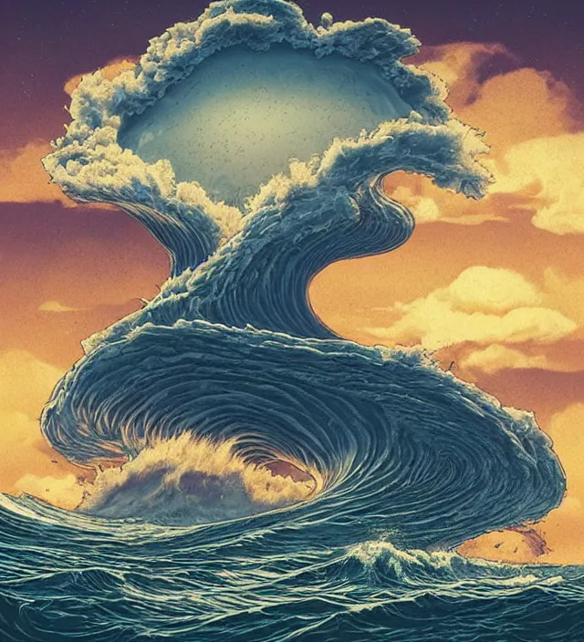 Prompt: a giant 🌊 swirling in the sky above a barren 🏜 by ivan shishkin and zacharias aagaard and simon stalenhag and dan mumford and josan gonzalez, surrealism, hyper detailed, dull, high contrast, desaturated, retrowave