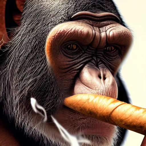 Prompt: a high detail shot of a chimp wearing a suit, smoking a cigar, render, cgsociety, photorealism