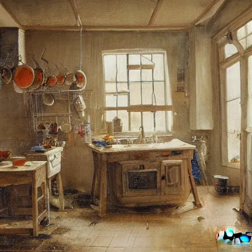 Prompt: a messy kitchen by aertsen pieter