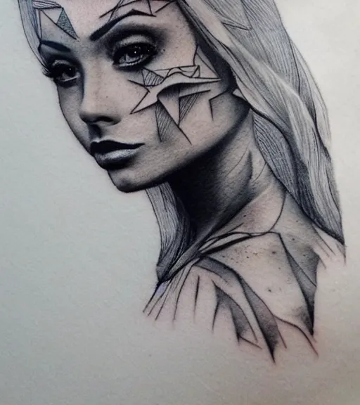 Image similar to realism tattoo sketch of a isabelledeltore face double exposure mountain scenery, in the style of matteo pasqualin, amazing detail, sharp, faded