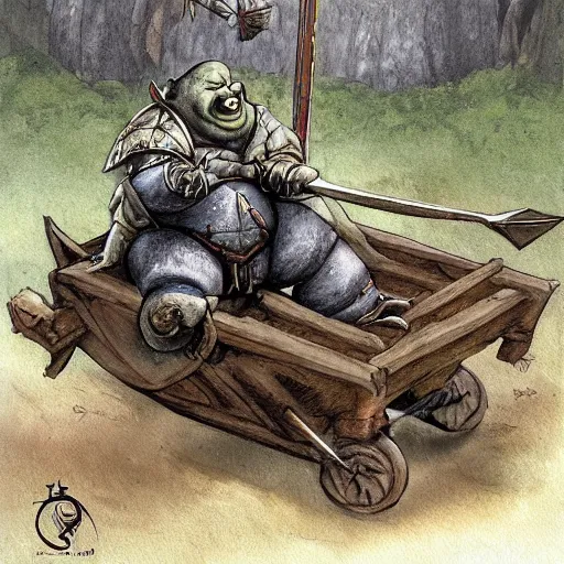 Image similar to painting of fat orc riding in a slapdash wooden cart holding a lance, fantasy art, magic : the gathering art, by diterlizzi