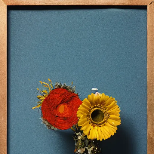 Prompt: Mixed media flower assemblage of Ed Harris, studio lighting, F 1.4 Kodak Portra