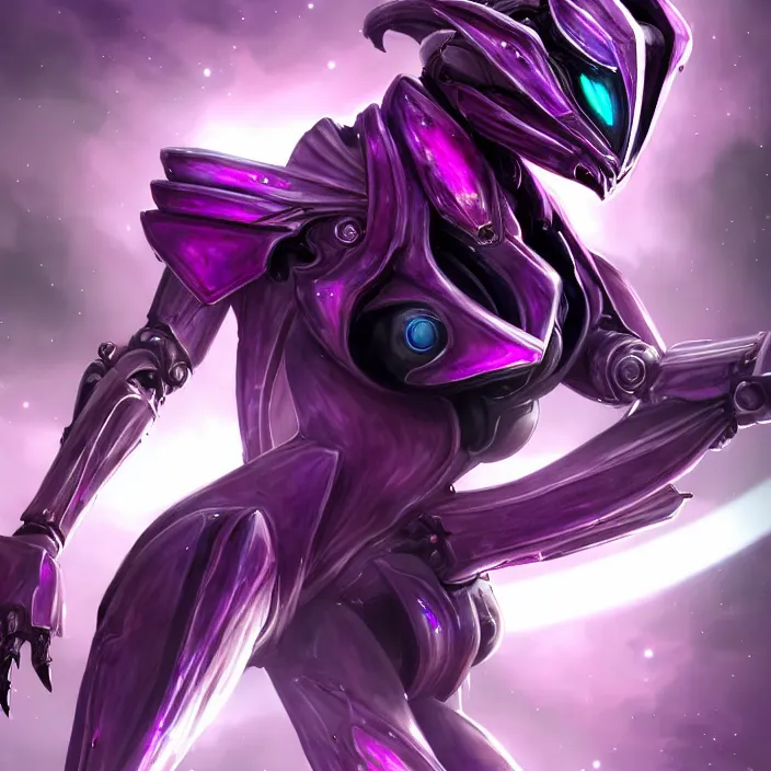 Image similar to cinematic close shot, cosmic sized proportional stunning beautiful hot female warframe, detailed robot mecha female dragon head, metal ears purple eyes, sleek silver armor, fuschia skin, floating in empty space, nebula sized, posing elegantly, epic proportions, epic size, epic scale, furry art, dragon art, giantess art, warframe fanart, furaffinity, deviantart