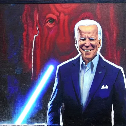 Prompt: joe biden as a jedi knight. billions of credits worth of infrastructure being built back better behind him and microchips and cheaper insulin raining from the sky in the background. vibrant oil painting