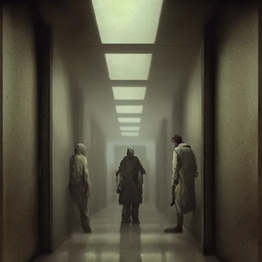 Image similar to hallway of a hospital, horror, creatures, anxiety, by greg rutkowski,