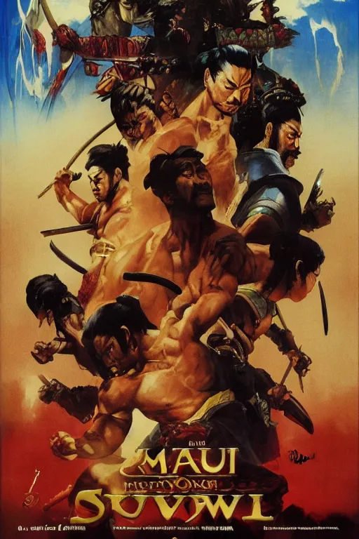 Prompt: Movie poster of Samurai Showdown IV, Highly Detailed, Dramatic, eye-catching, A masterpiece of storytelling, by frank frazetta, ilya repin, 8k, hd, high resolution print