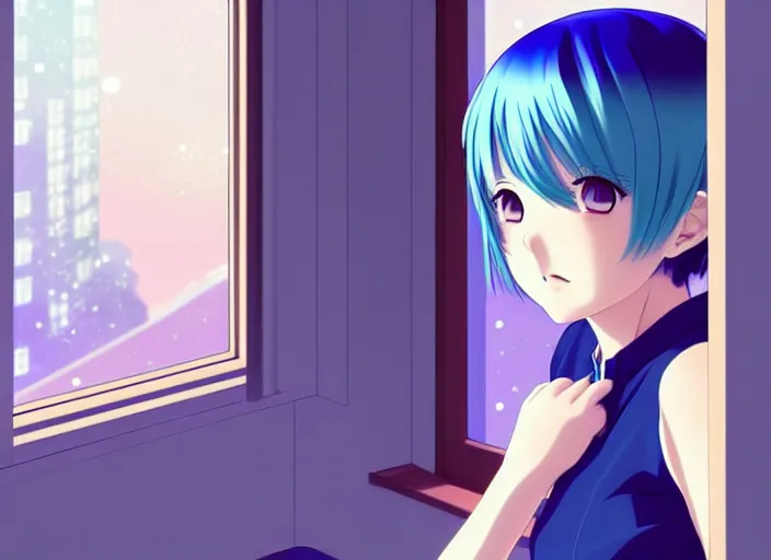 Image similar to anime visual, full body illustration a young woman with blue hair looking out her bedroom window at midnight, cute face by ilya kuvshinov, yoshinari yoh, makoto shinkai, katsura masakazu, dynamic perspective pose, detailed facial features, kyoani, rounded eyes, crisp and sharp, cel shad, anime poster, ambient light,