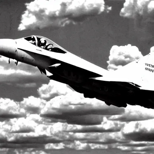 Image similar to fighter jet from the 5 0 s beautiful clouds in the background, grainy footage, black and white