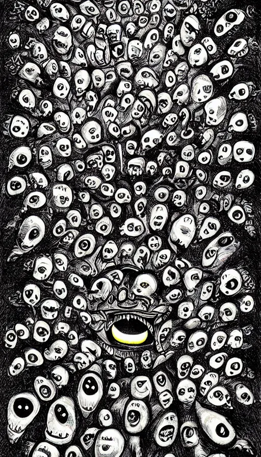 Image similar to a storm vortex made of many demonic eyes and teeth, by david eichenberg