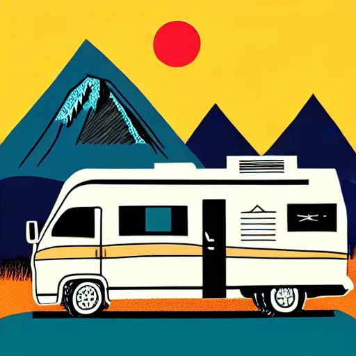 Image similar to sticker of a white and black cute thor chateau! motorhome camper!!, mountains, colorful sunset!!, thick lines, very minimal art, sticker!! by tom whalen