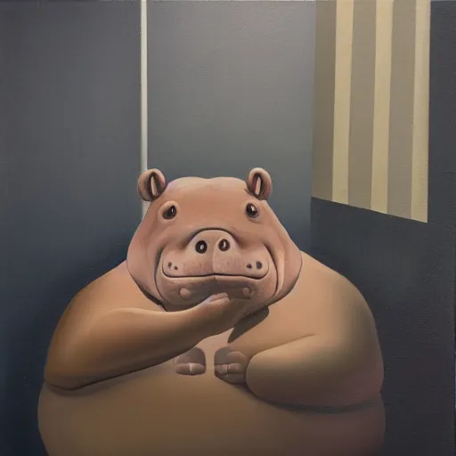 Image similar to A humanoid hippo wearing a towel sitting in a steamy sauna, oil painting