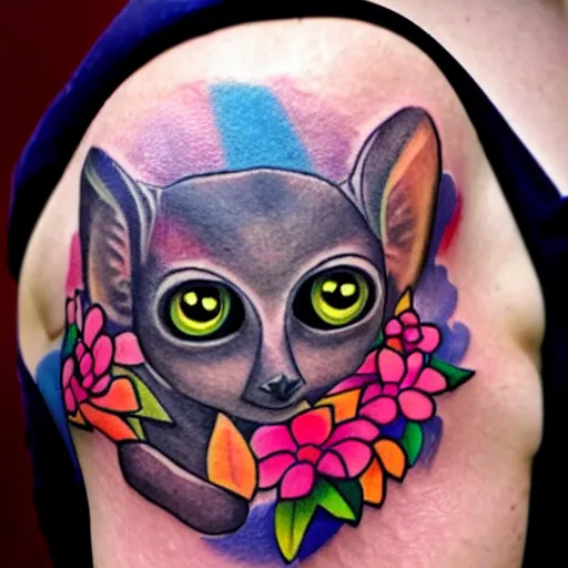 Image similar to shoulder tattoo of a multicolored trippy dancing bushbaby with rainbow colored spiral eyes, surrounded by colorful flowers