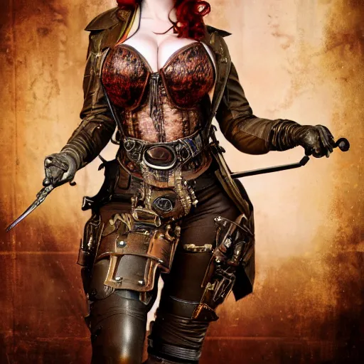 Image similar to full body photo of christina hendricks as a steampunk warrior, highly detailed, 4k