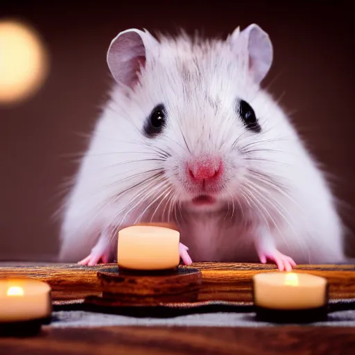 Image similar to photo of a hamster, at night, candlelit restaurant table, various poses, unedited, soft light, sharp focus, 8 k