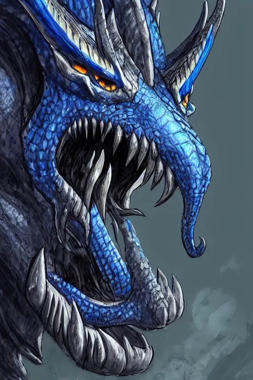 Prompt: a D&D character of a dark blue dragonborn with large tusks, half a face flaming with blue flame, he wears a black dragon scales armor, D&D concept art