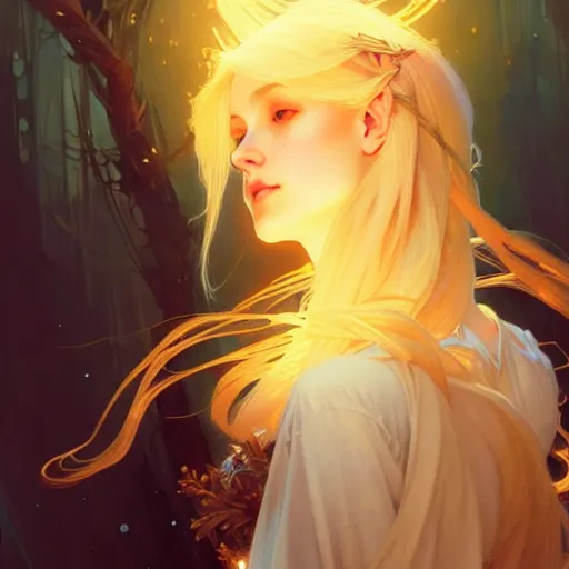 Image similar to A girl with blonde hair and glowing halo, spiritual, ethereal, dramatic lighting, fantasy, intricate, elegant, highly detailed, digital painting, artstation, concept art, smooth, sharp focus, illustration, art by Krenz Cushart and Artem Demura and alphonse mucha