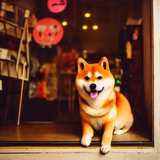 Image similar to shiba inu inside a japanese thrift store, cinematic light, warm colours, atmospheric, 8 k photography