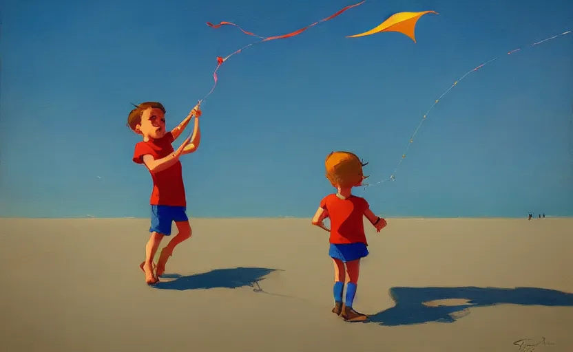 Prompt: child flying a kite at the beach by atey ghailan and garmash, michael