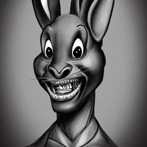 Image similar to A extremely highly detailed majestic hi-res beautiful, highly detailed head and shoulders portrait of a scary terrifying, horrifying, creepy black cartoon rabbit with scary big eyes, earing a shirt laughing, lets be friends, in the style of Walt Disney