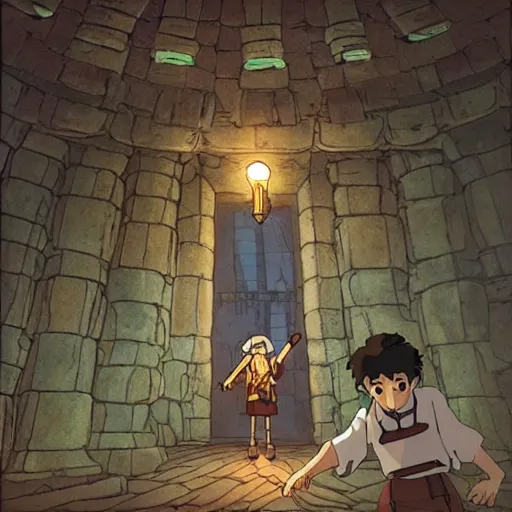 Image similar to a man holds a torch and explores a Dungeon, luminous, studio ghibli
