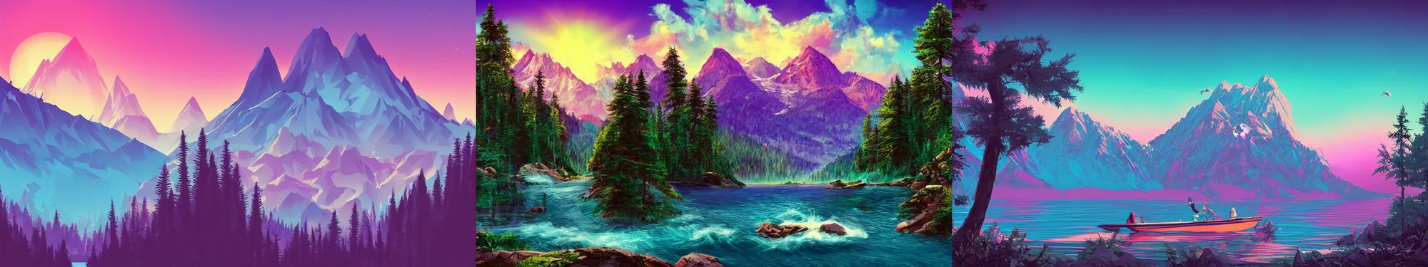 Prompt: mountains, trees, and lake, epic retrowave art, trending on art station