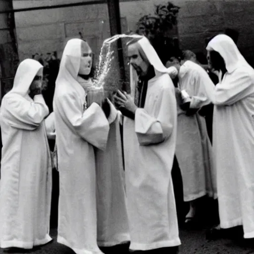 Image similar to alien in clerical robes dousing parishioners with holy water, top secret style, realistic photo, 1 9 7 0 s, color