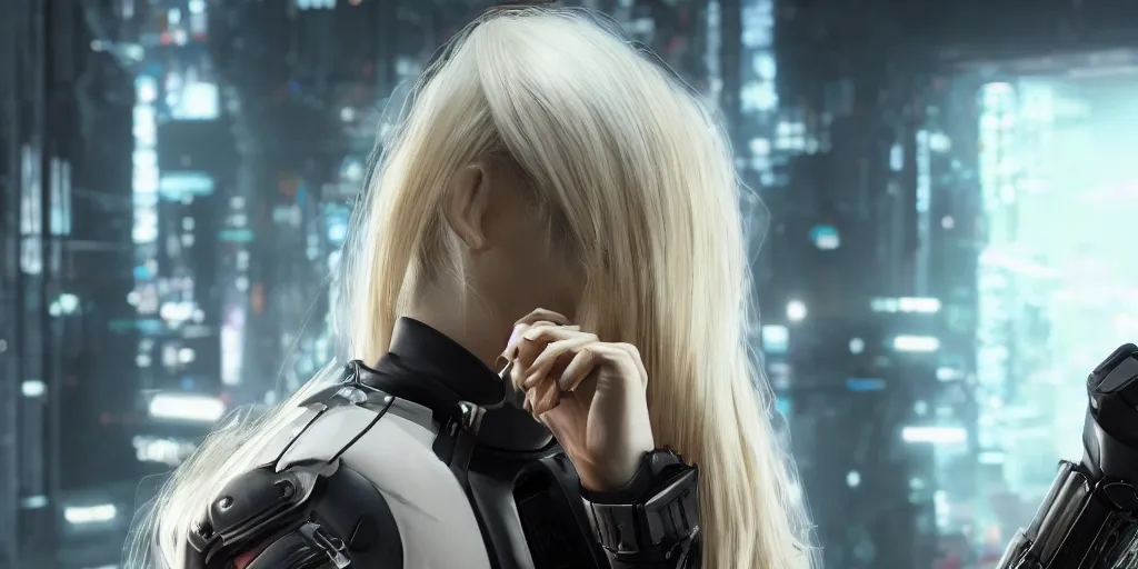 Prompt: closeup of An attractive anonymous blonde guard seen from the back sitting in front of a cyberpunk dystopian desk with matrix falling text cyberpunk, artstation