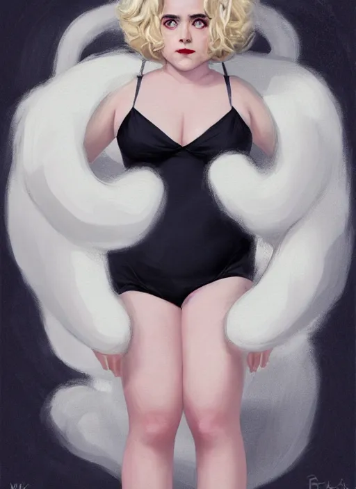 Prompt: full body portrait, kiernan shipka as sabrina spellman, white hair, obese, bangs, sultry, realistic, sultry smirk, fluffy bangs, curly bangs, fat, belly, intricate, elegant, highly detailed, digital painting, artstation, concept art, smooth, sharp focus, illustration, art by wlop, mars ravelo and greg rutkowski