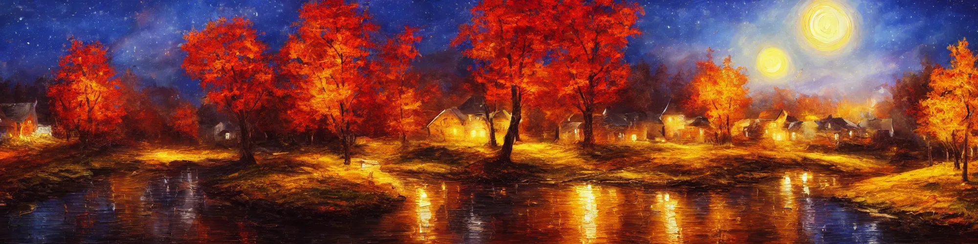 Image similar to painting of autumn village landscape during night, award winning painting, beautiful, breathtaking, stunning scenery, trending on artstation, masterpiece, high definition, 8 k