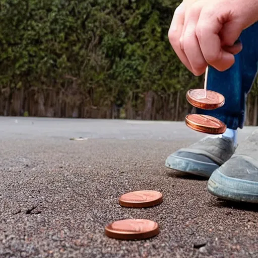 Prompt: someone trying to pick up a penny glued to the ground