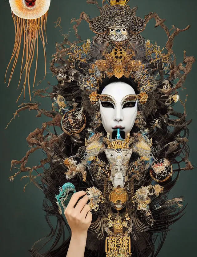 Image similar to goddess portrait with mask and crown made of ram skull. beautiful intricately detailed japanese crow kitsune mask and clasical japanese kimono. betta fish, jellyfish phoenix, bioluminescent, plasma, ice, water, wind, creature, super intricate ornaments artwork by tooth wu and wlop and beeple and greg rutkowski