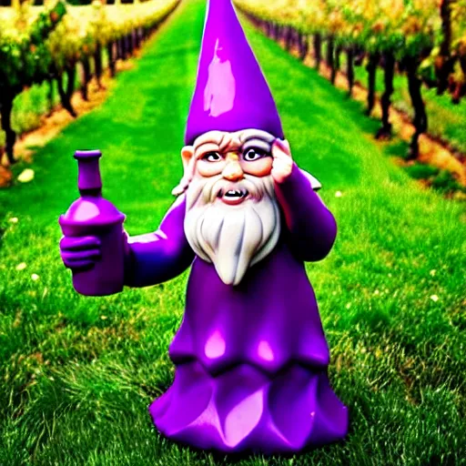 Prompt: purple gnome controlling spirits to fight off tree people in a winery. fantasy