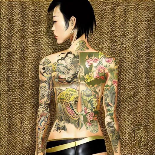 Image similar to yakuza slim girl, gold suit jacket in snake print, jacket over bare torso, yakuza tattoo Irezumi on body, black short curtain haircut, black leather pants with black belt, portrait, beautiful face, elegant, 2d, ultra highly detailed, digital painting, smooth, sharp focus, artstation, art by Ilya Kuvshinov, rossdraws