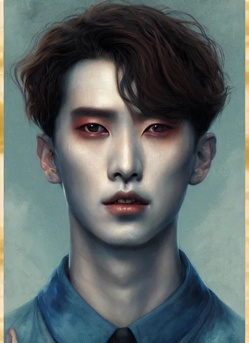 Image similar to an ominous portrait of cai xukun, which is a burned man with beautiful blue eyes and short brown hair, art by manuel sanjulian and tom bagshaw