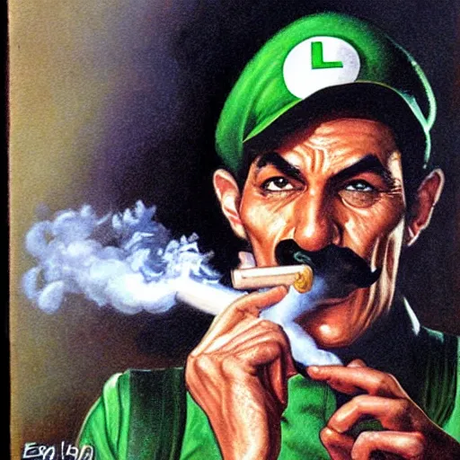 Prompt: Luigi smoking joint, artwork by Earl Norem,