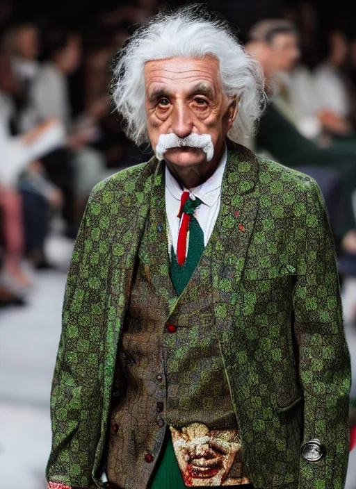 Image similar to hyperrealistic and heavy detailed gucci runway show of albert einstein, leica sl 2 5 0 mm, vivid color, high quality, high textured, real life