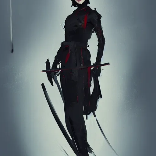 Image similar to samurai woman in black, bloodthirsty, katana, agony, digital illustration, artstation, painted by wlop