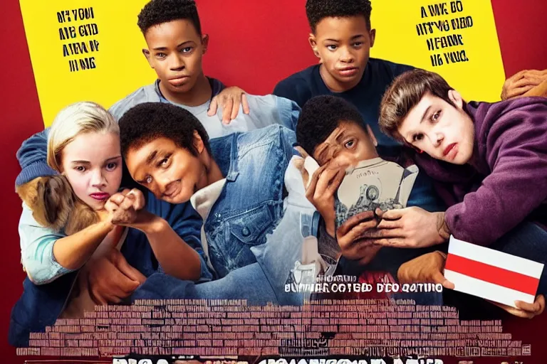 Image similar to a movie poster with dog - eared corners, advertising a movie called nice boys, showing a diverse crowd of young men being nice to strangers