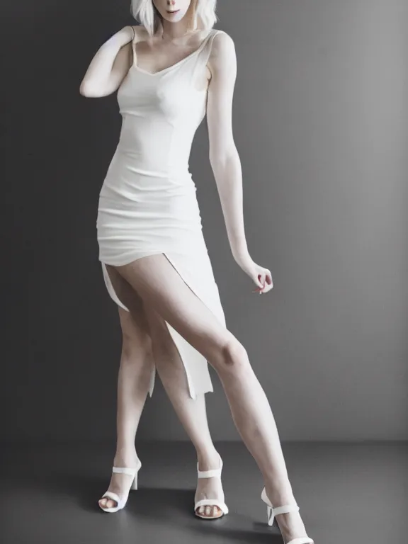 Image similar to photo of gorgeous seductive tall emily skinner cosplaying annie leonhart wearing open toe heels, wearing tight white dress, in a white room, beautiful face, pale skin, rule of thirds, cinematic lighting, sharp focus, backlit, stunning, smooth, hard focus, full body shot, studio photo, shot on sony a 7 iii