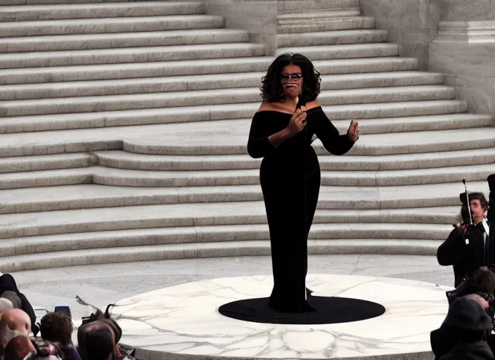 Image similar to oprah winfrey gives inaugural address on the steps of the capitol, 3 5 mm photography, highly detailed, cinematic lighting, standing pose, fully body shot, holding lightsaber 4 k