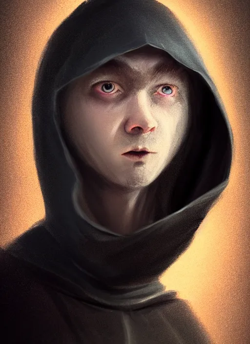 Prompt: small man, black round hood and cloak, round face, pale skin, wild expression, whimsical, dnd, portrait, justin sweet, fantasy city, night, macro lens, shallow depth of field, highly detailed, digital painting, trending artstation, concept art, illustration, cinematic lighting, vibrant colors, photorealism, epic, octane render, magic the gathering artwork, centered