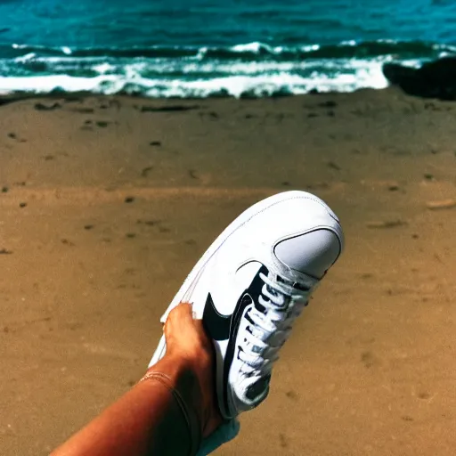 Image similar to photo of white nike air force one sneaker on a beach, color film photography, 3 5 mm,