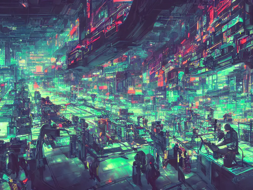 Image similar to cyberpunk factory filled with drone workers, busy, colorful, beautiful, ornate, trending on artstation, award winning painting, glitchwave, vaporwave