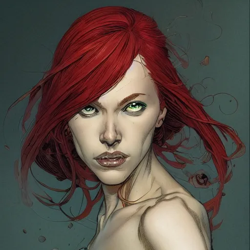 Prompt: a beautiful comic shot artwork portrait of a red-headed woman by Jerome Opeña, featured on artstation