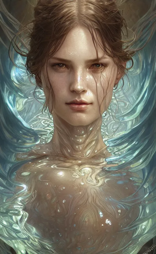 Image similar to portrait of a water creature, a humanoid with translucent skin, made of pure water, concept art, deep focus, fantasy, intricate, highly detailed, digital painting, artstation, matte, sharp focus, illustration, art by artgerm and greg rutkowski and alphonse mucha