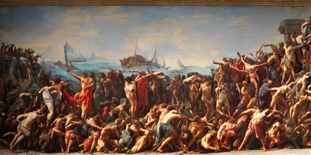 Image similar to a mix between the raft of the medusa and the school of athens, matte painting, oil canvas, photorealistic illustration, extreme detail, hyper realistic, highly detailed