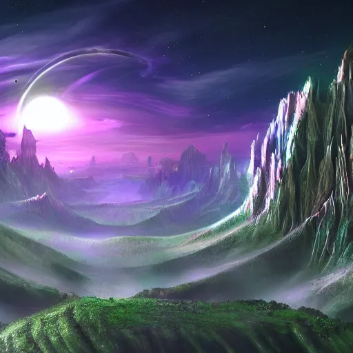 Image similar to A fantasy vaperwave landscape on an alien planet