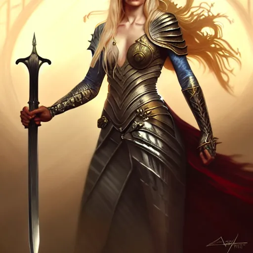 Image similar to A epic fantasy portrait of a blond woman, holding a sword, castle setting, horror movie lightning, intricate, elegant, highly detailed, digital painting, artstation, concept art, matte, sharp focus, illustration, art by Artgerm and Greg Rutkowski and Alphonse Mucha