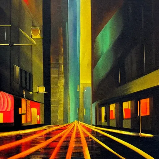 Image similar to city streetscape, dark road with cars, people at night, tall buildings with shops below at street level, neon lights above shops, headlights and stop lights illuminating surroudings, raining, very dark lighting, abstract oil painting, 1 9 8 2 aesthetic